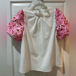 Entro White Blouse with Pink Embroidered Accent Sleeves